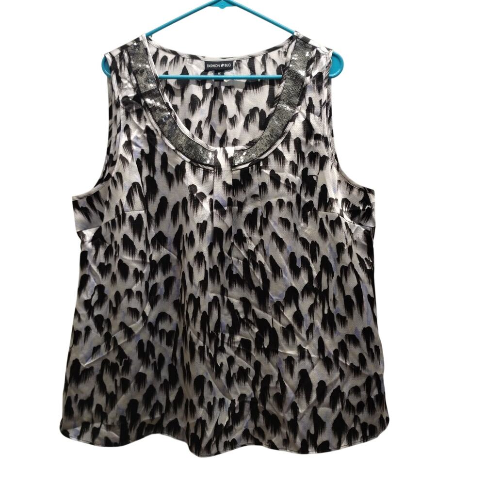 Fashion Bug Women's Size 1X Snow Leopard Sequin Neck Sleeveless Tank Blouse